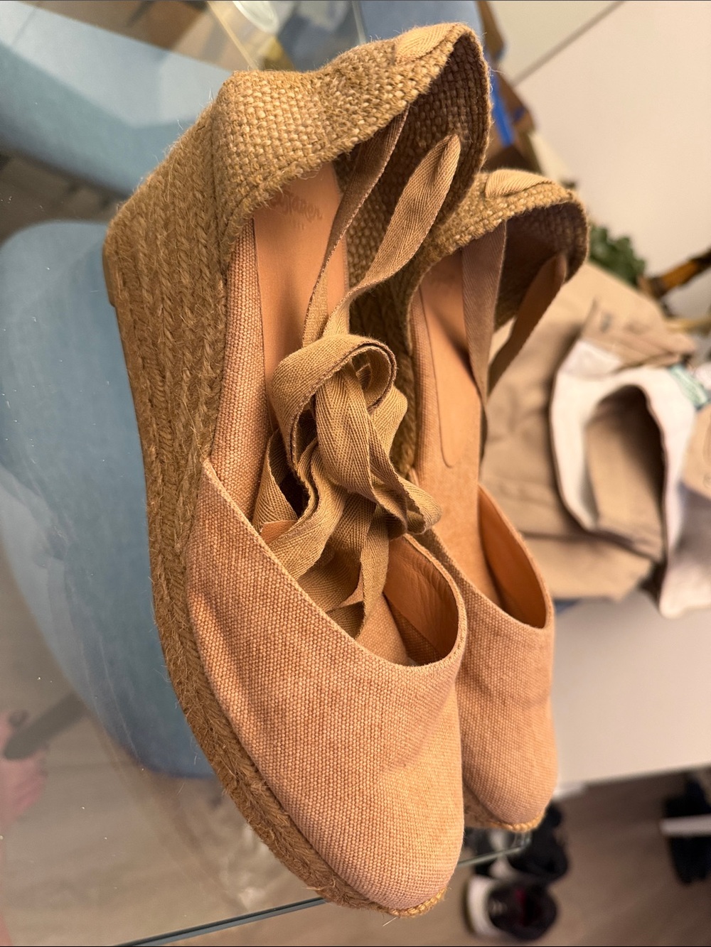 Castaner Tan Canvas Espadrille Wedge Sandals with Ankle Tie